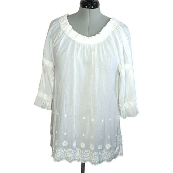 True Grit Embroidered Off-The-Shoulder Cotton Tunic Top, Size L, Feminine, Flowy - Picture 1 of 9